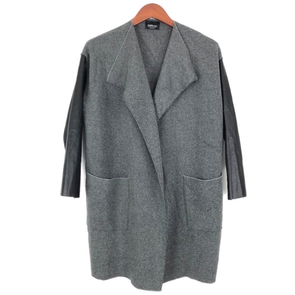 Zara Jackets & Blazers - Zara | Faux Leather Sleeve Open Coat Grey Black
